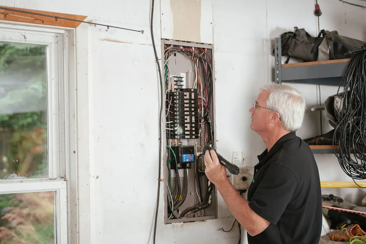 Electricista revisando un tablero en una casa